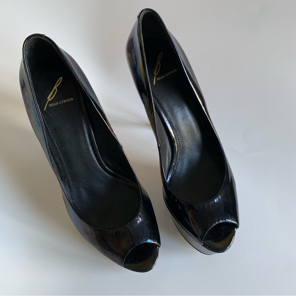 Brian Atwood Bambola iridescent patent leather Peep toe high heel Adriadic Black - Picture 3 of 13